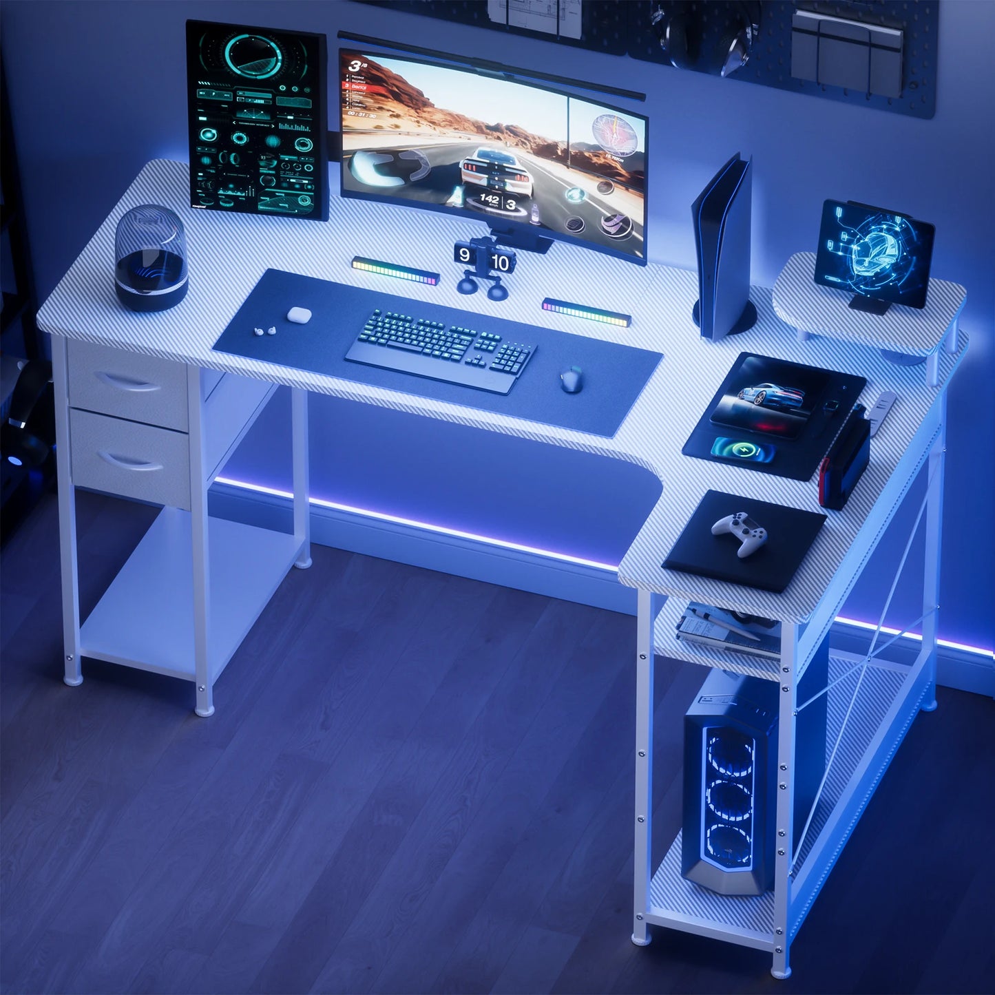 L-Shape Gaming Desk with Drawers, Carbon Fiber Computer Desk with Monitor Arm, Gaming Desk for Home Office Desks
