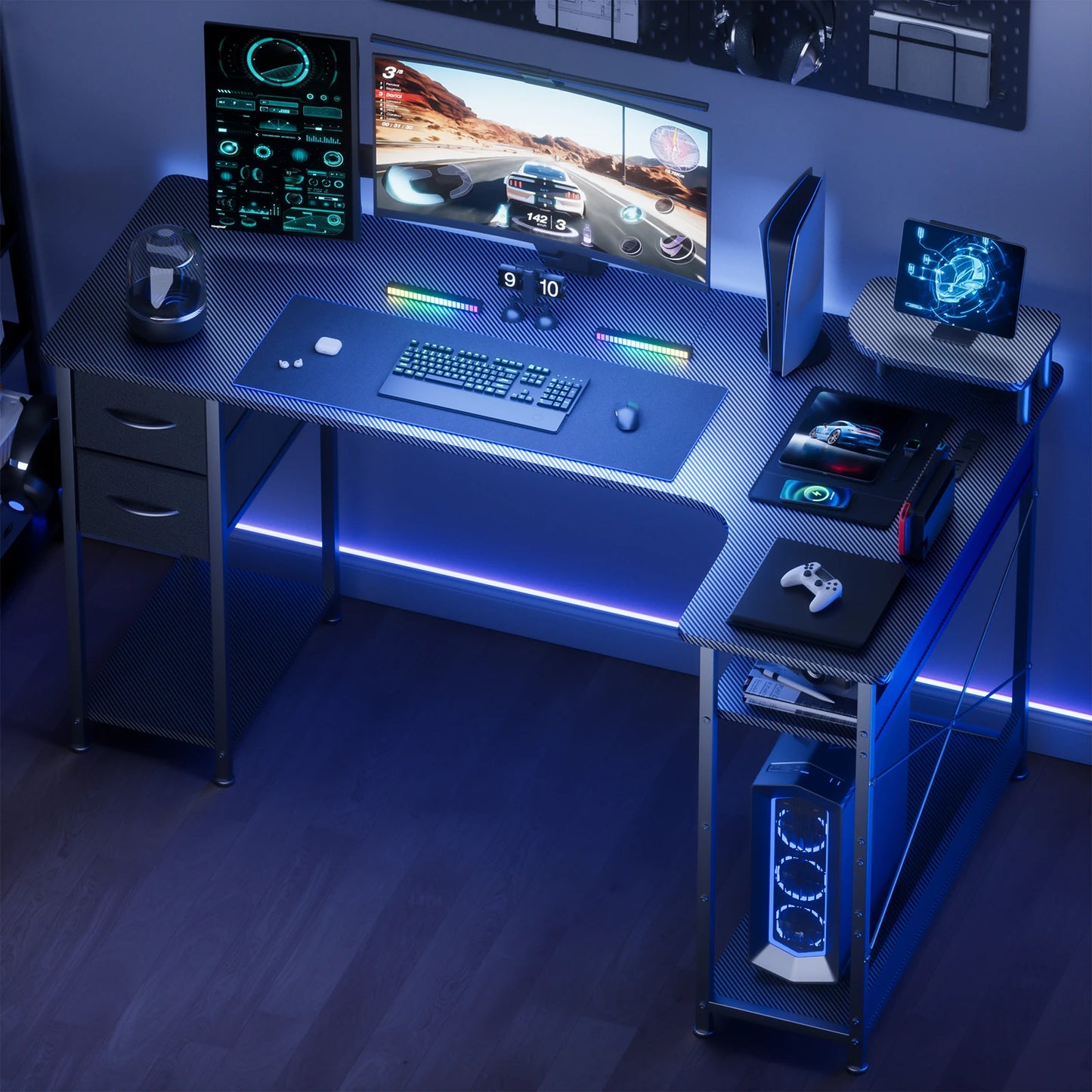 L-Shape Gaming Desk with Drawers, Carbon Fiber Computer Desk with Monitor Arm, Gaming Desk for Home Office Desks