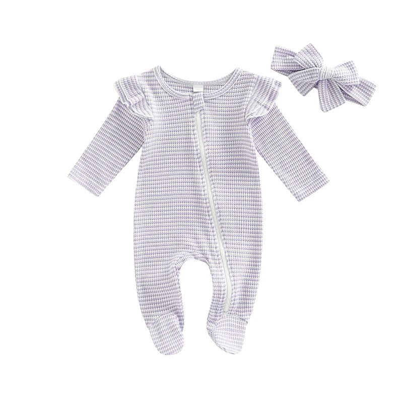 Baby Girls Romper Suit Long Sleeve Zipper Ruffle Patchwork Casual Party Street Spring Romper Headband