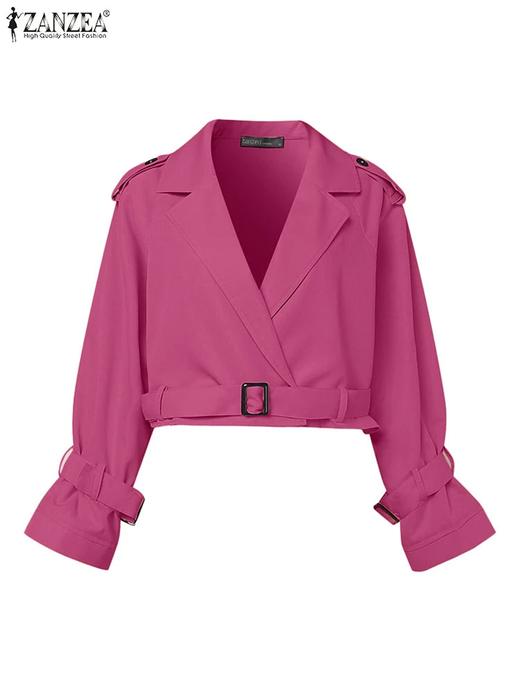 ZANZEA Street Fashion Short Jackets Woman 2025 Autumn Long Sleeve Notched Lapel Bomber Jackets Chic Streetwear Belted Outerwear