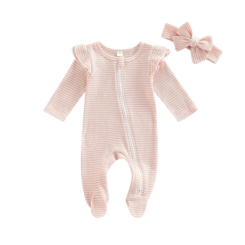 Baby Girls Romper Suit Long Sleeve Zipper Ruffle Patchwork Casual Party Street Spring Romper Headband