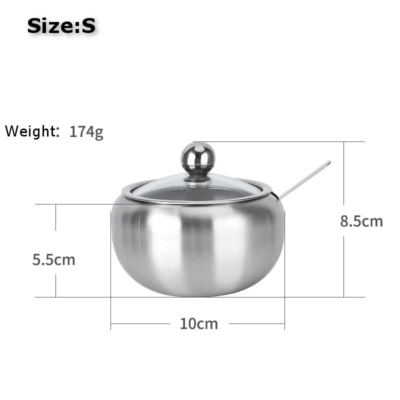 Stainless Steel Sugar Bowl with Clear Lid and Sugar Spoon for Home and Kitchen Drum Shape Spice Container Sugar Bowl Supplies