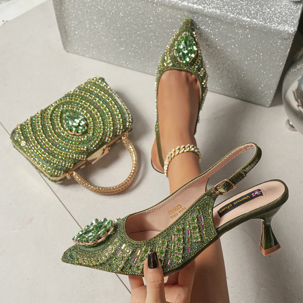 Venus Chan 2025 Elegant Rhinestone Pointed Toe Pumps With Matching Bag Set Large Size shoes Big Bag for Women's Party High Heels