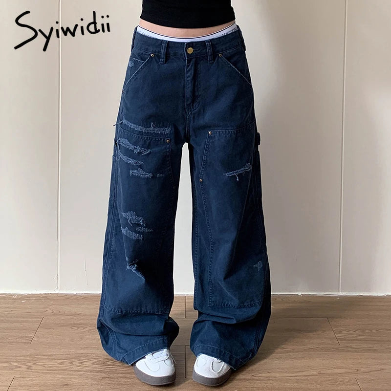 Syiwidii Women Vintage Baggy Jeans Washed Casual High Waist Wide Leg Ripped Denim Trouser 2025 Autumn American Style Cargo Pants