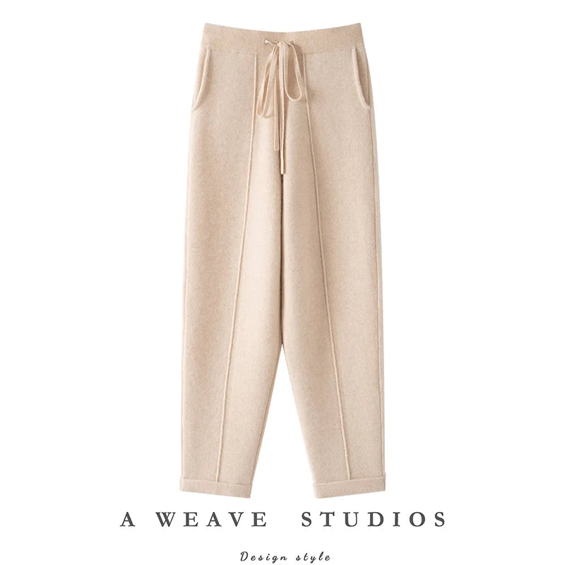 Autumn Winter Women 100% Cashmere Trousers Fashion New Style Thick Warm Pencil Pants Comfortable Elastic Waist Knit Pants