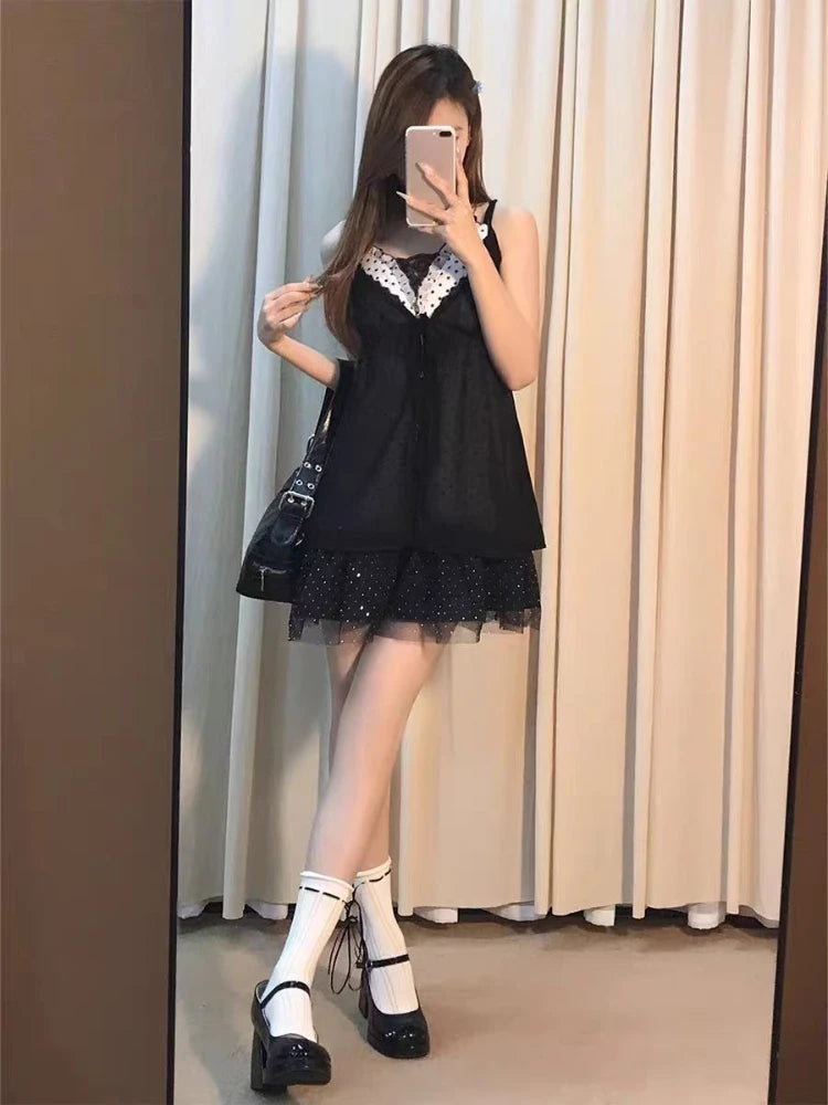 Vintage Gothic Slim Polka Dot Sling Dress Women's Summer 2025 New Lace Up Short Dresses Fashion Design Sleeveless Sweet Dress