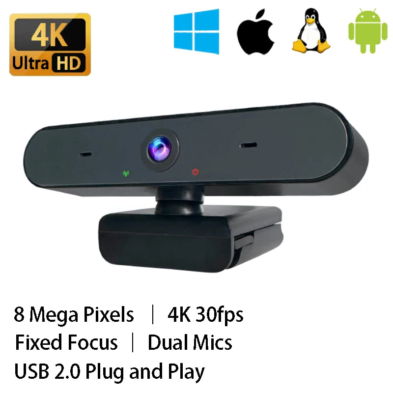 Ultra HD 4K Webcam Fixed Focus Laptop Computer Camera with Microphone USB Plug and Play Camera PC for Streaming / Video Call