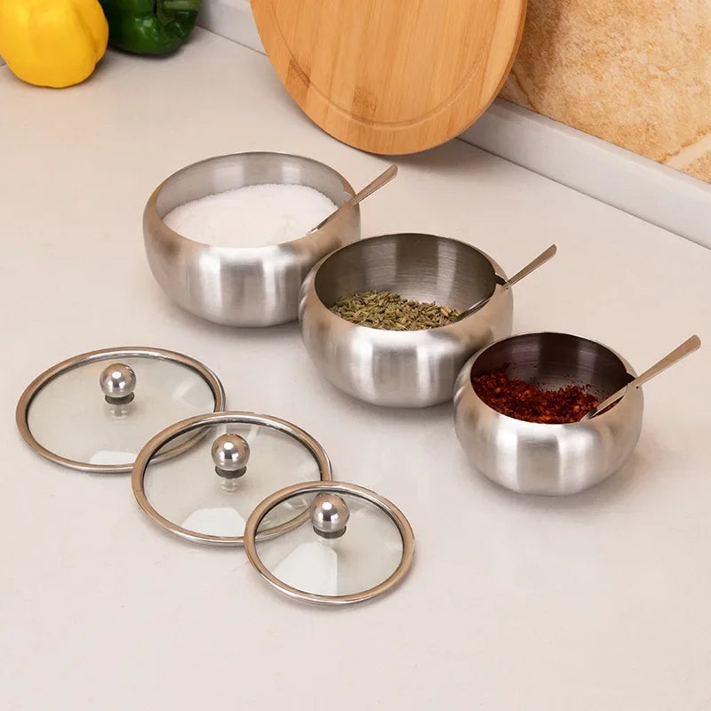 Stainless Steel Sugar Bowl with Clear Lid and Sugar Spoon for Home and Kitchen Drum Shape Spice Container Sugar Bowl Supplies