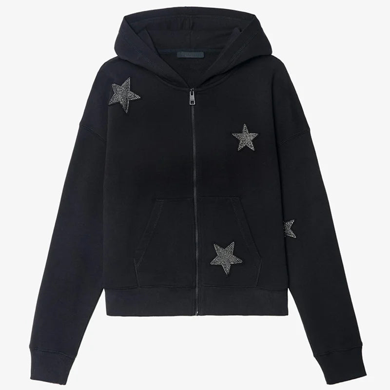 Black Zip Hooded Sweatshirt Stars Patch Embroidery Diamond Hoodies Women Long Sleeve Tops Zadig Female Hoodie Cotton Hooded