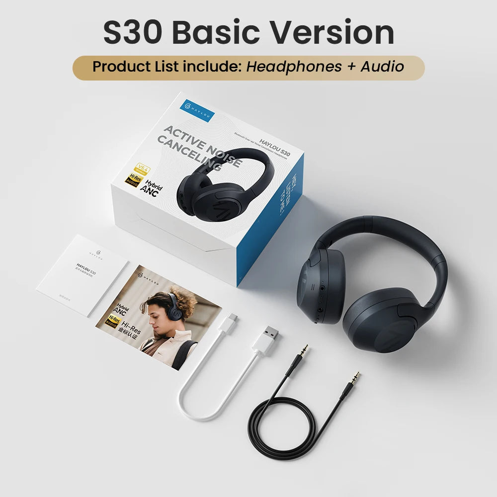 HAYLOU S30 ANC Headphones Wireless Bluetooth 5.4 Hi-Res Headsets 43dB Adaptive Noise Cancelling Earphones 40mm Driver 80H