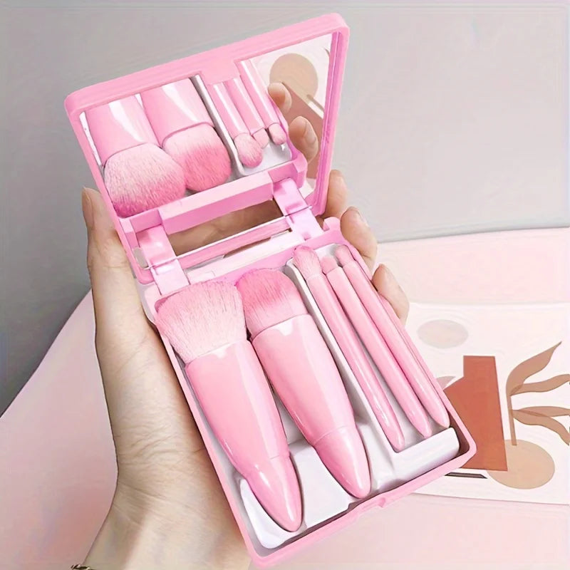 ✈️ 5pcs Portable Makeup Brush Set with Mirror | Foldable Travel Kit ✨