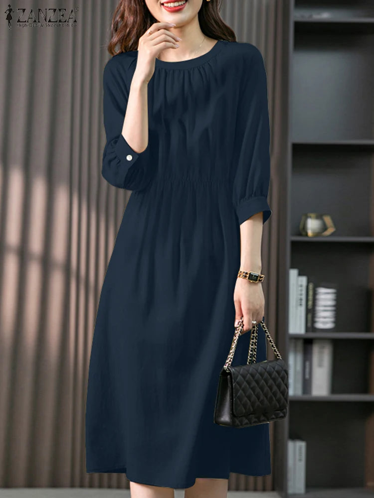ZANZEA Elegant A-Line Dresses Woman 2025 Autumn Fashion Round Neck 3/4 Lantern Sleeve Gathered Robes Femme Commute Midi Vestidos