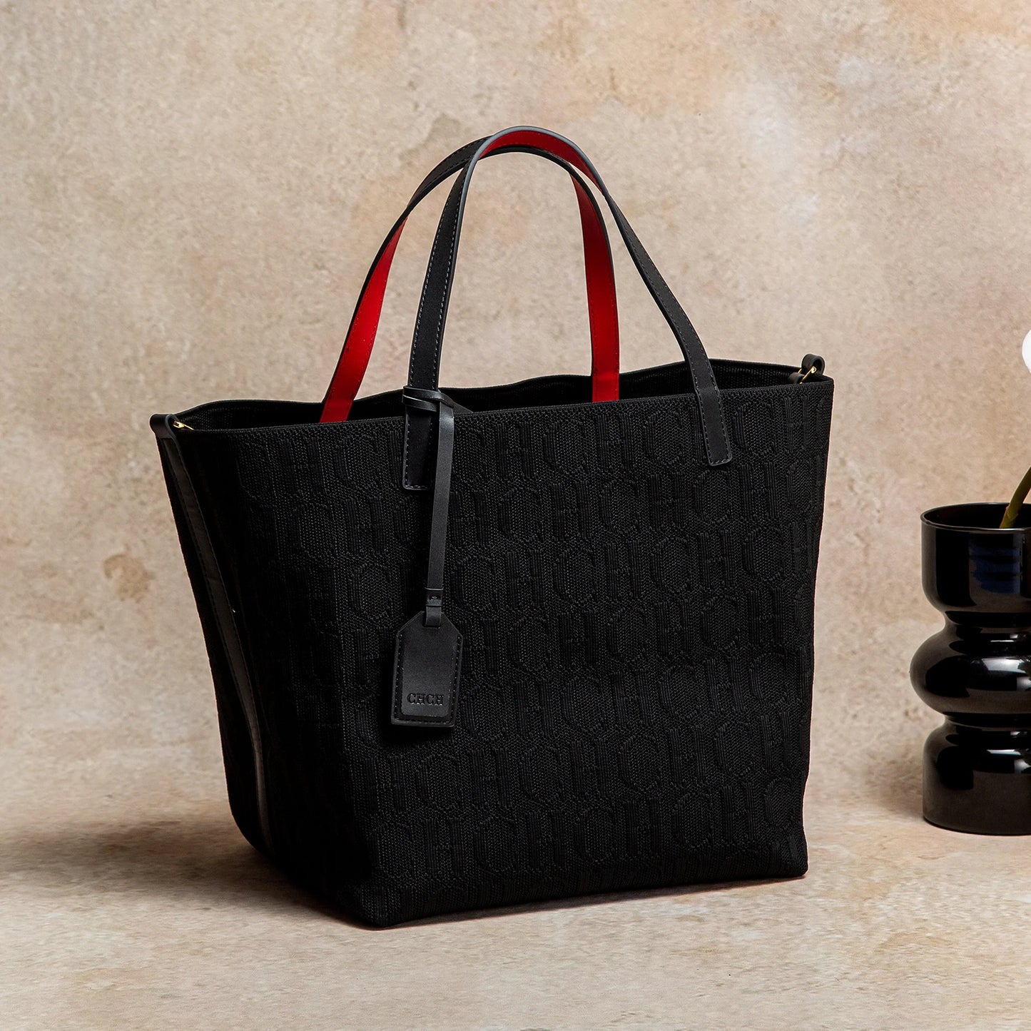 CHCH Tote Bag New Large Capacity Black Simple Knitted Shopping Bag 27*20*28cm