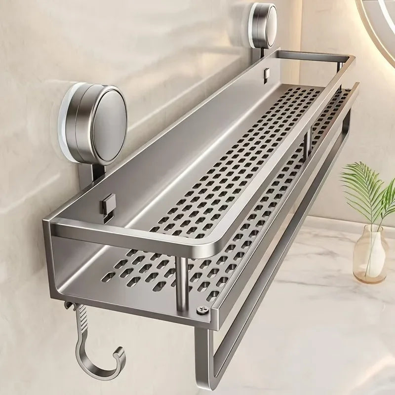 Kitchen Storage Rack Vacuum Suction Cup Rust-proof Wall-mounted Shower Rack with Drain Hole and Towel Hook Bathroom Storage Rack