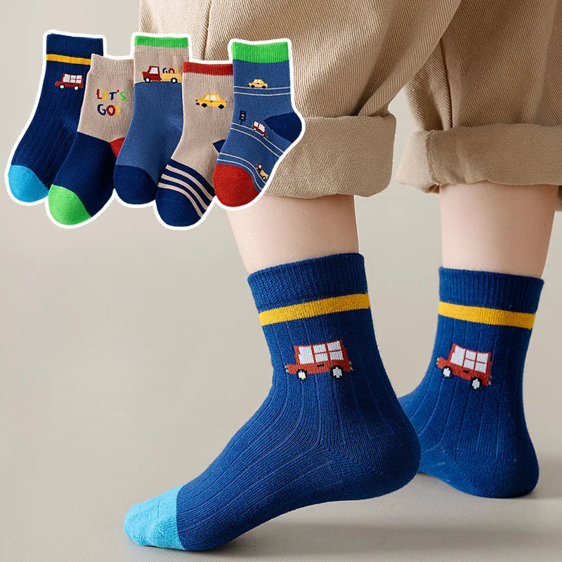 5 Pairs Autumn Winter New Style Children's Socks Mid-high Long Dinosaur Cartoon Design Boys Girls Baby Cartoon Socks Wholesale