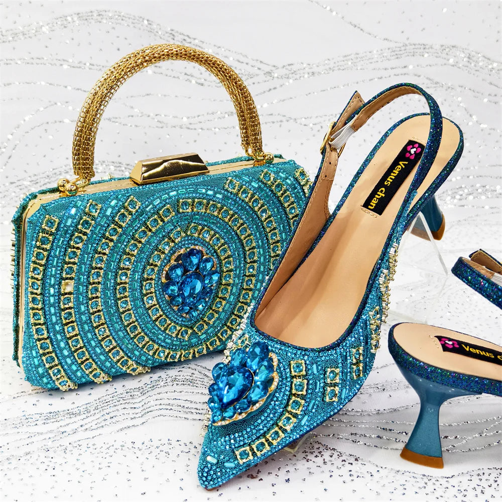 Venus Chan 2025 Elegant Rhinestone Pointed Toe Pumps With Matching Bag Set Large Size shoes Big Bag for Women's Party High Heels