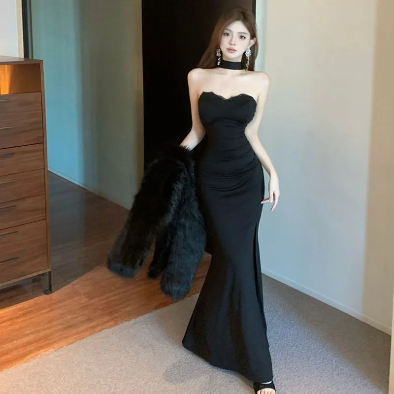 French Socialite Chic Black Strapless Halter Neck Evening Dress Women Elegant Lace Sexy Backless Bodycon Slit Formal Dress New