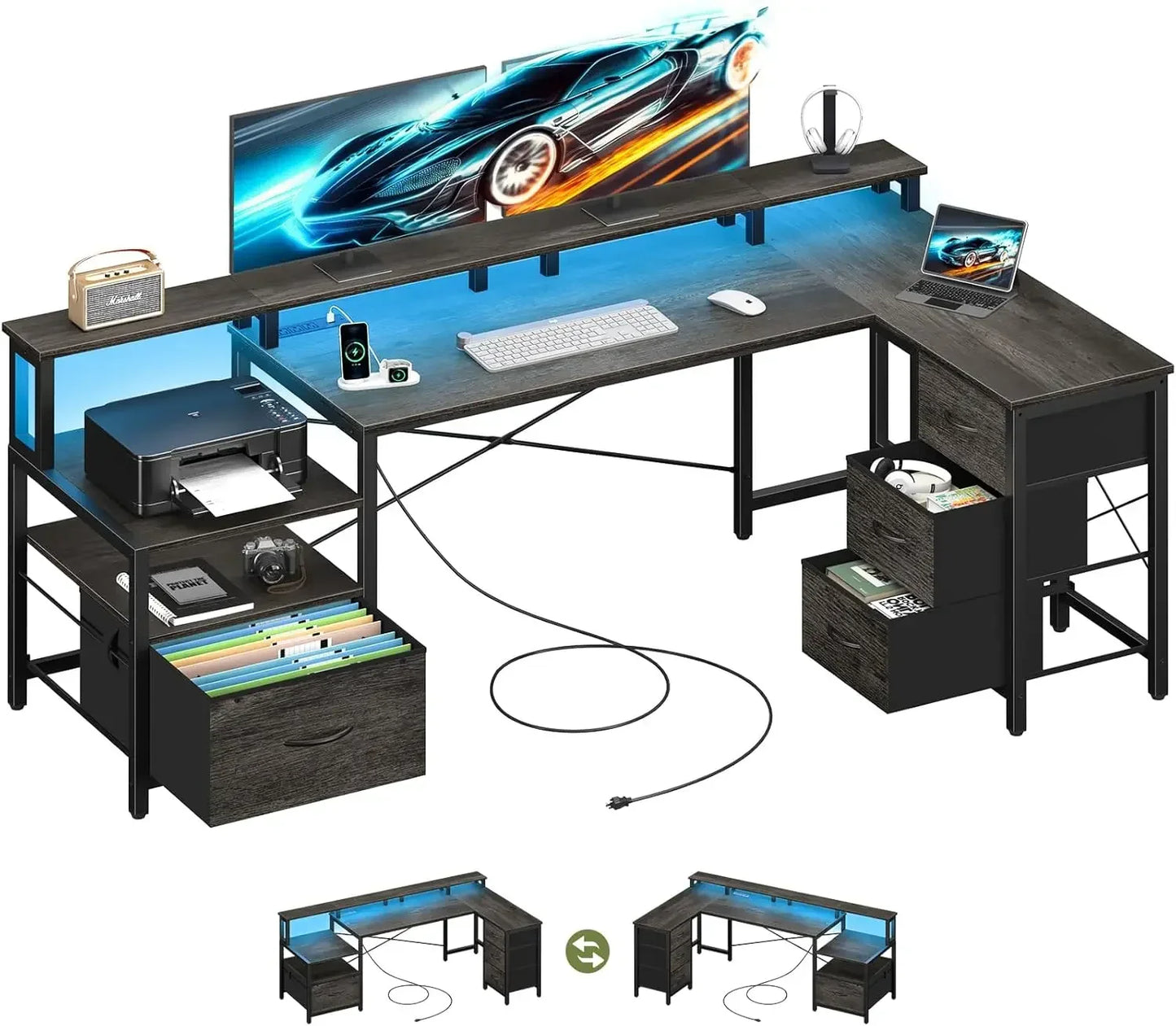 ✨ ProGamer L-Desk – LED Lights, Outlets & Storage Drawers for Ultimate Setup ✨