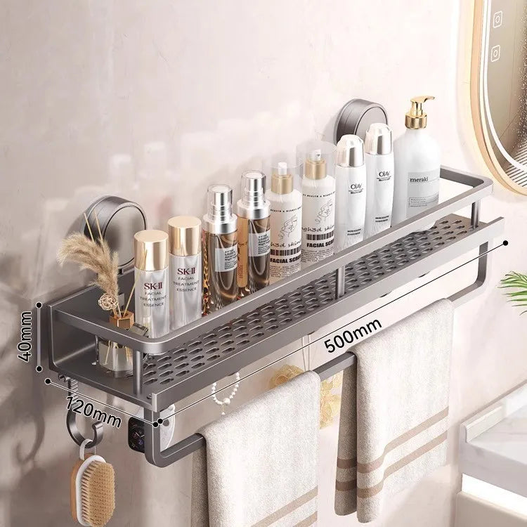 Kitchen Storage Rack Vacuum Suction Cup Rust-proof Wall-mounted Shower Rack with Drain Hole and Towel Hook Bathroom Storage Rack