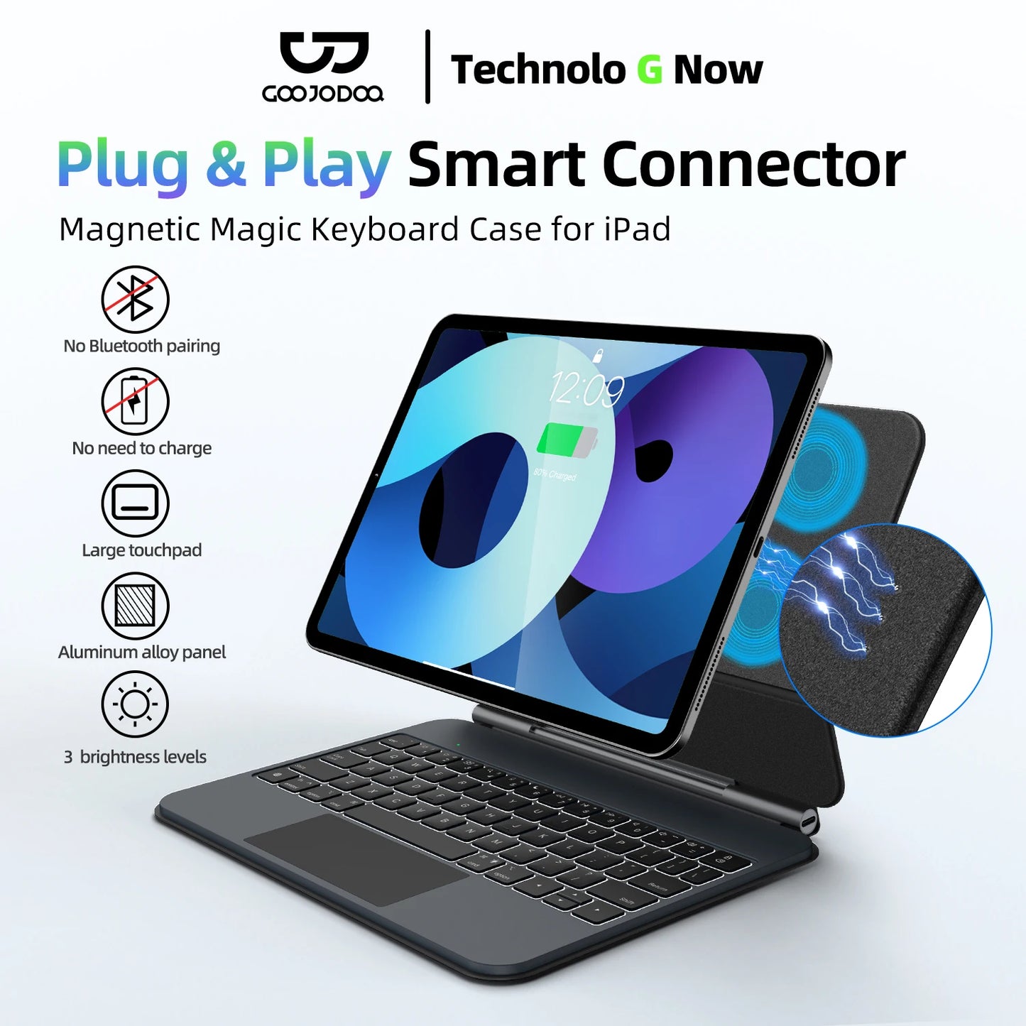 GOOJODOQ Smart Plug&Play Magic Keyboard Case for iPad Pro 11 2024 M4 iPad Air 4/5/6 Multi-touch Touchpad Smart Reverse charging