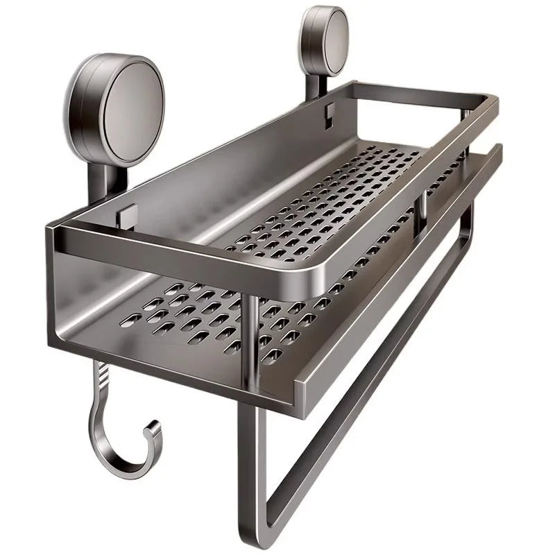 Kitchen Storage Rack Vacuum Suction Cup Rust-proof Wall-mounted Shower Rack with Drain Hole and Towel Hook Bathroom Storage Rack