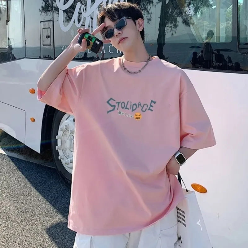 8XL Men Oversize Korean Fashion Loose American Love Puppet Rabbit Print Short Sleeve Round Neck Versatile Trend Couple outfit