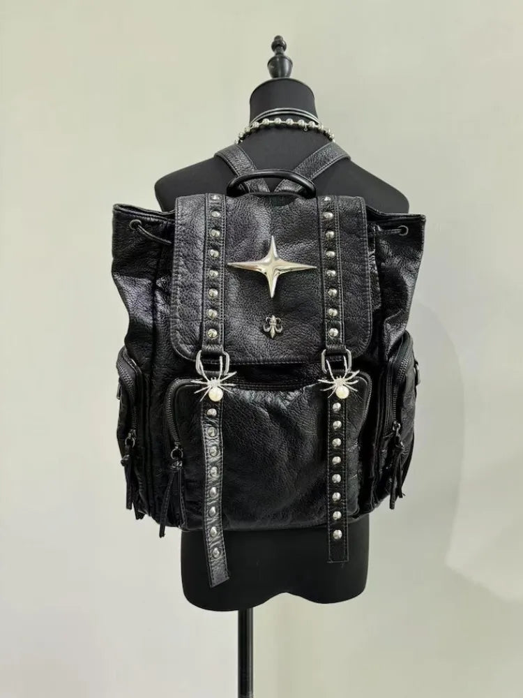 Gothic Punk PU Leather Shoulder Bag Rivet Y2K Backpack for Women’s Vintage Harajuku Backpacks College Large Capacity Bag