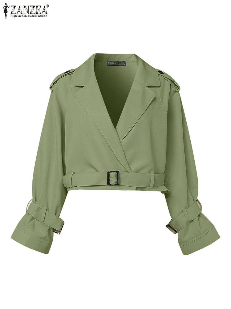 ZANZEA Street Fashion Short Jackets Woman 2025 Autumn Long Sleeve Notched Lapel Bomber Jackets Chic Streetwear Belted Outerwear