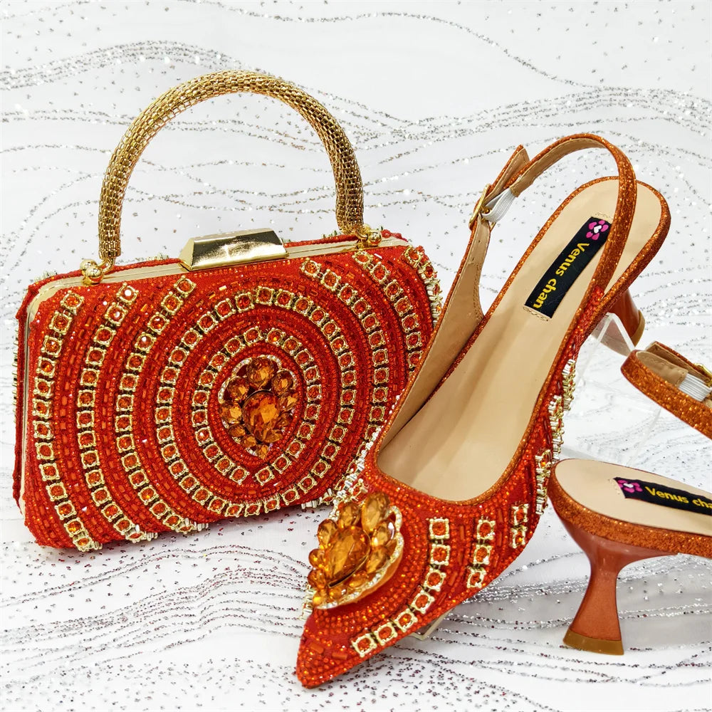 Venus Chan 2025 Elegant Rhinestone Pointed Toe Pumps With Matching Bag Set Large Size shoes Big Bag for Women's Party High Heels