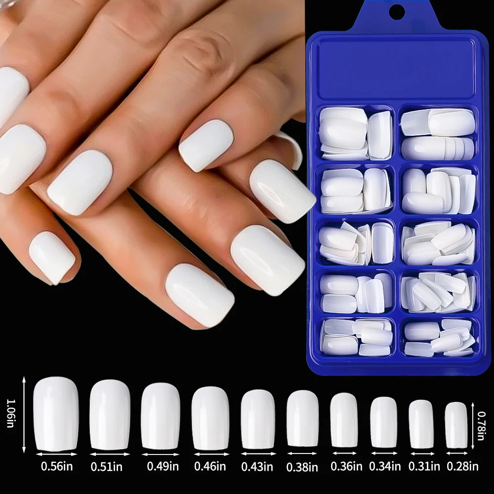 ✨ 100pcs White Square False Nails | Full Cover Acrylic Tips in 10 Sizes ✨