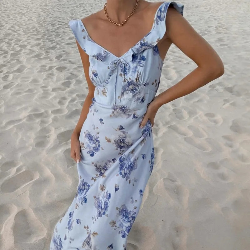 Retro V Neck Dresses Yellow Sleeveless Flower Print Maxi Long Dress Elegant High Waist Female Holiday Party Vestidos