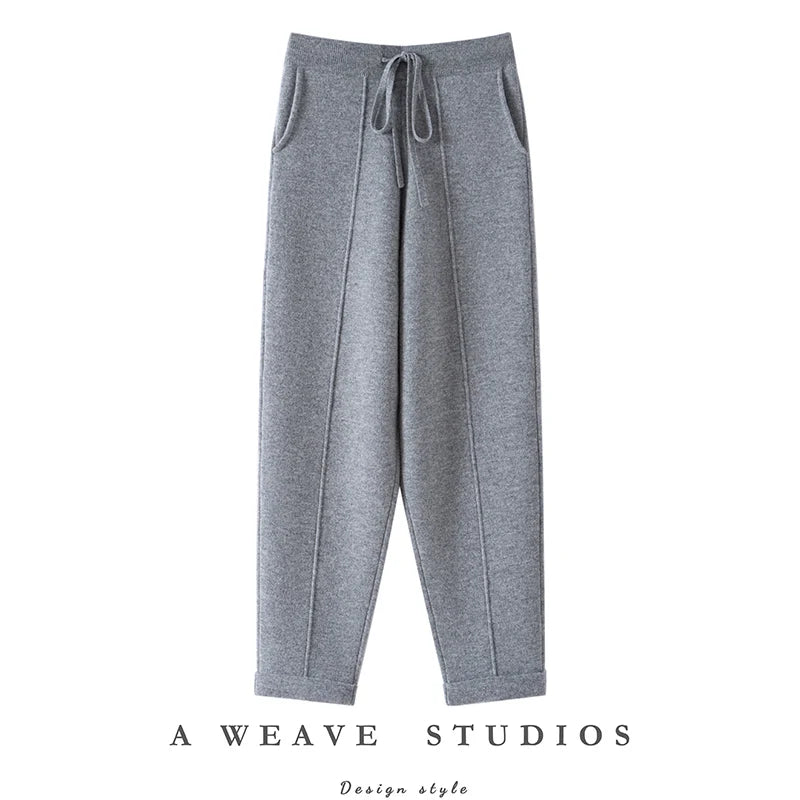 Autumn Winter Women 100% Cashmere Trousers Fashion New Style Thick Warm Pencil Pants Comfortable Elastic Waist Knit Pants