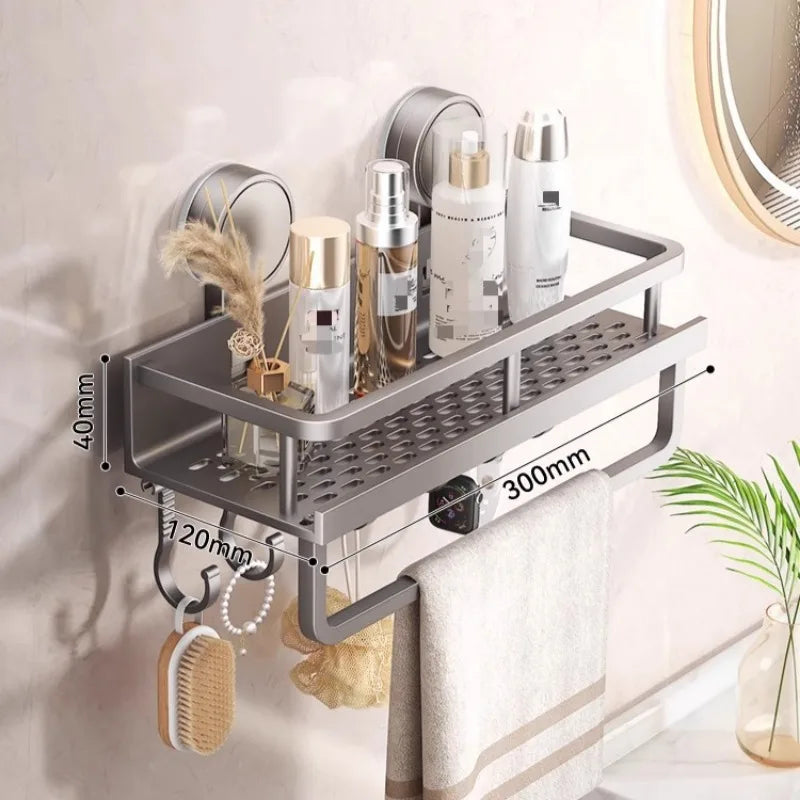 Kitchen Storage Rack Vacuum Suction Cup Rust-proof Wall-mounted Shower Rack with Drain Hole and Towel Hook Bathroom Storage Rack