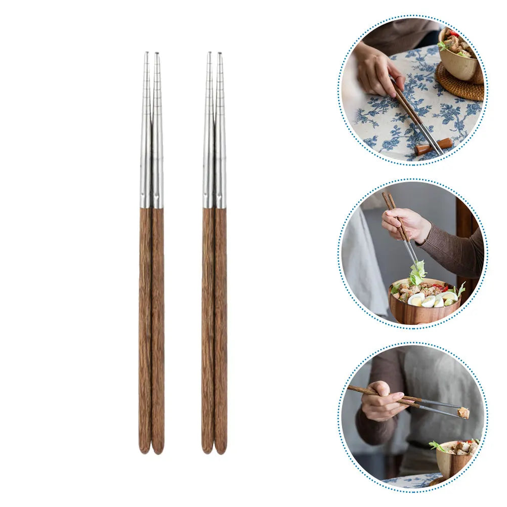 2 Pairs Stainless Steel Chopsticks Household Anti-Slip Heat Resistant Silver Wooden Dishwasher Safe Sturdy Home Supply