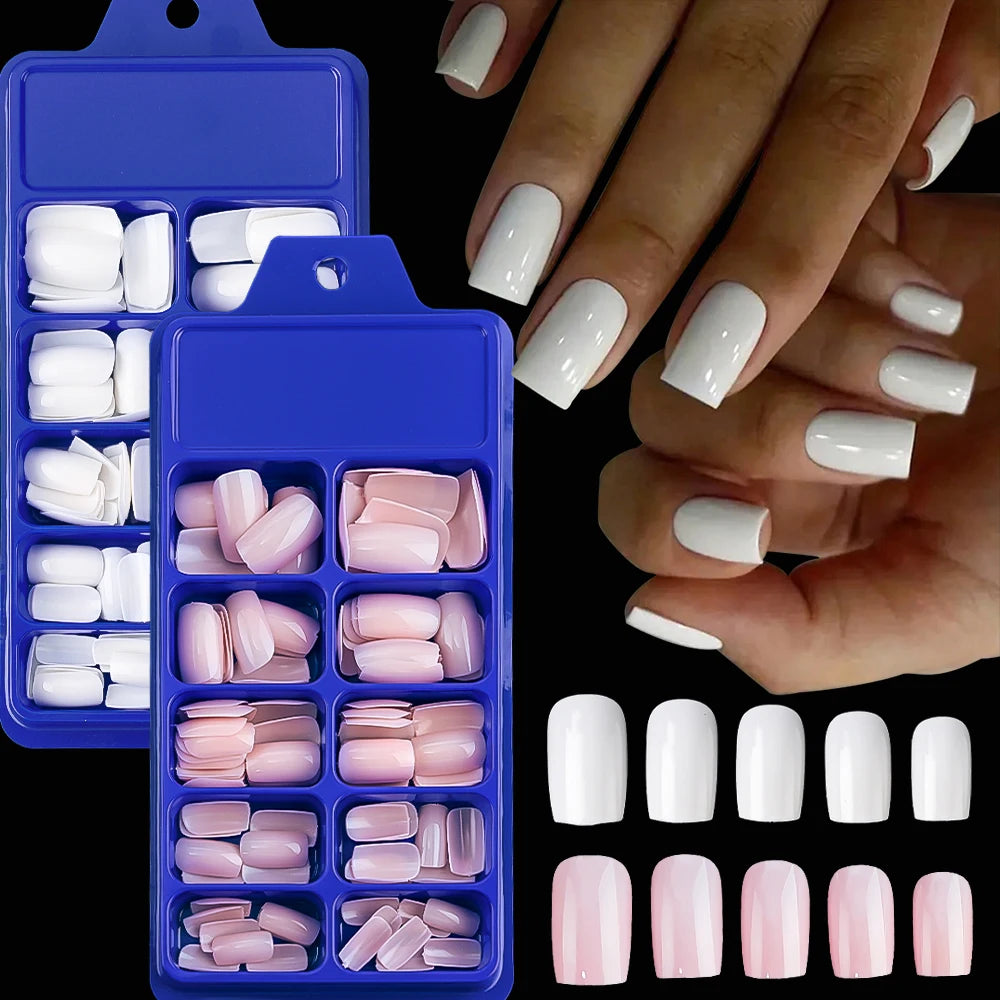 ✨ 100pcs White Square False Nails | Full Cover Acrylic Tips in 10 Sizes ✨