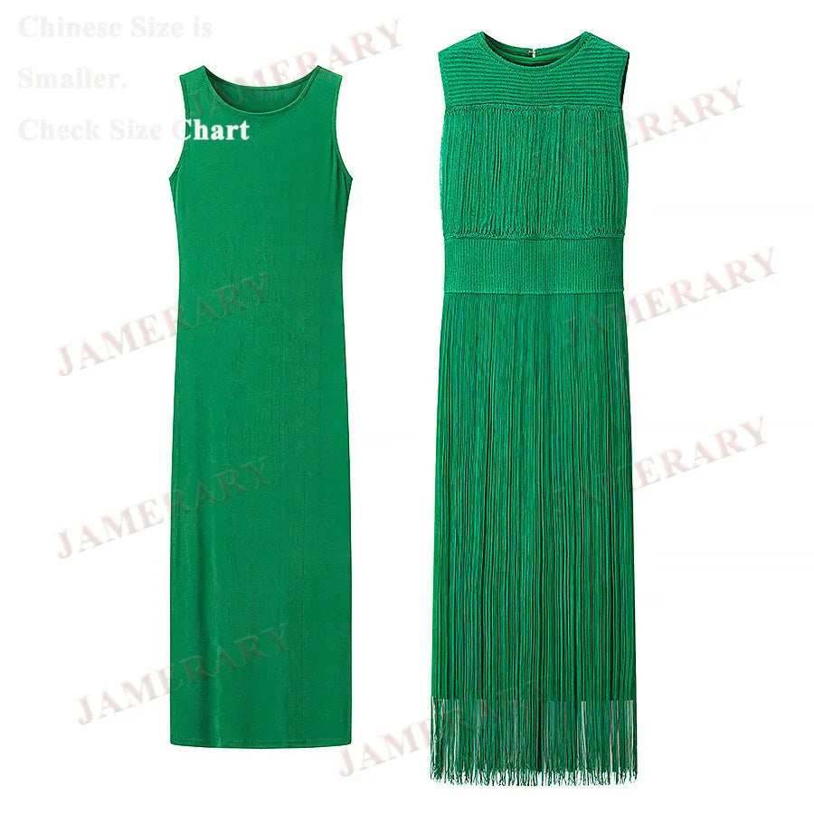 Summer Autumn Knitted Tassel Dress Two Piece Set Women Vintage Sleeveless Knitting Straight Midi Long Dresses