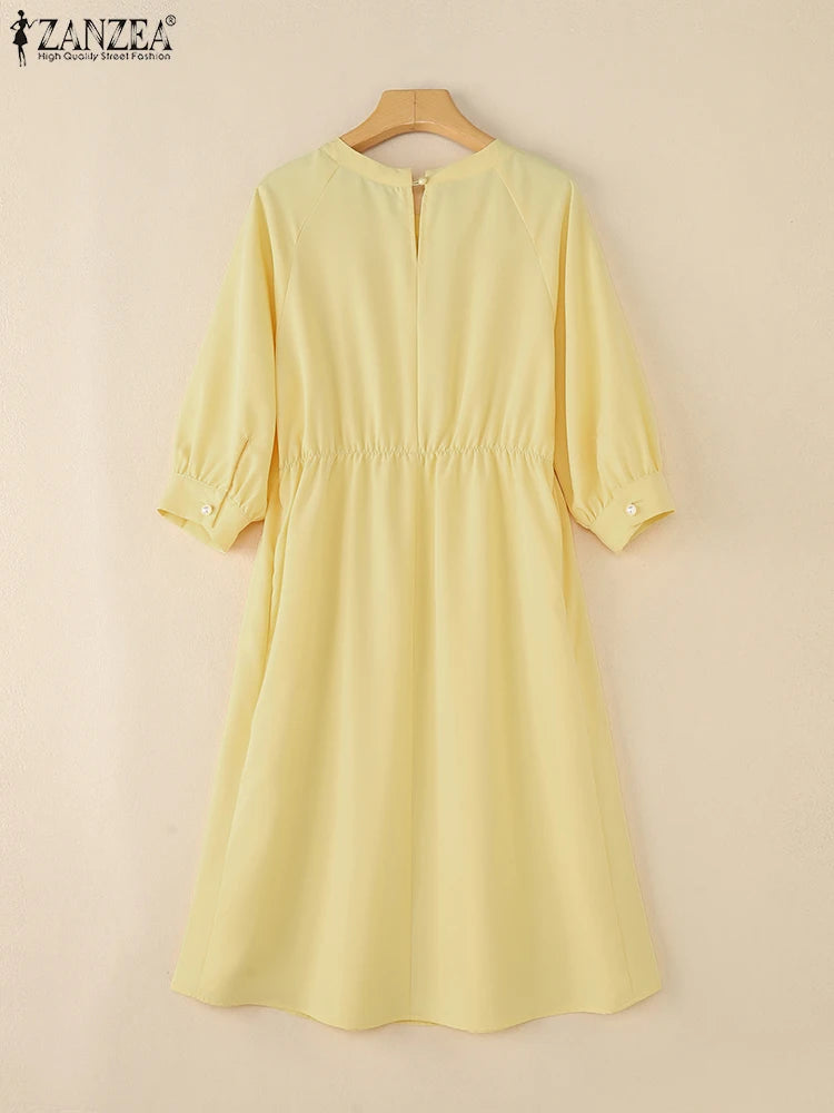 ZANZEA Elegant A-Line Dresses Woman 2025 Autumn Fashion Round Neck 3/4 Lantern Sleeve Gathered Robes Femme Commute Midi Vestidos