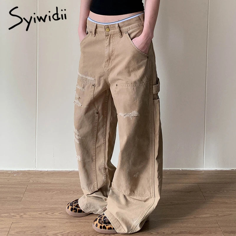 Syiwidii Women Vintage Baggy Jeans Washed Casual High Waist Wide Leg Ripped Denim Trouser 2025 Autumn American Style Cargo Pants