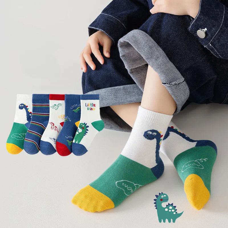 5 Pairs Autumn Winter New Style Children's Socks Mid-high Long Dinosaur Cartoon Design Boys Girls Baby Cartoon Socks Wholesale