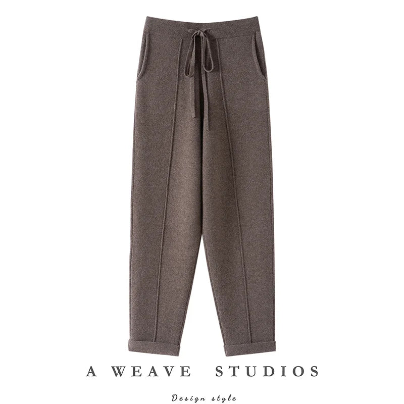 Autumn Winter Women 100% Cashmere Trousers Fashion New Style Thick Warm Pencil Pants Comfortable Elastic Waist Knit Pants
