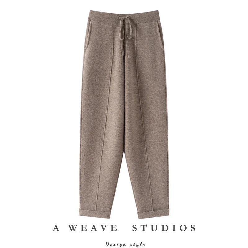 Autumn Winter Women 100% Cashmere Trousers Fashion New Style Thick Warm Pencil Pants Comfortable Elastic Waist Knit Pants