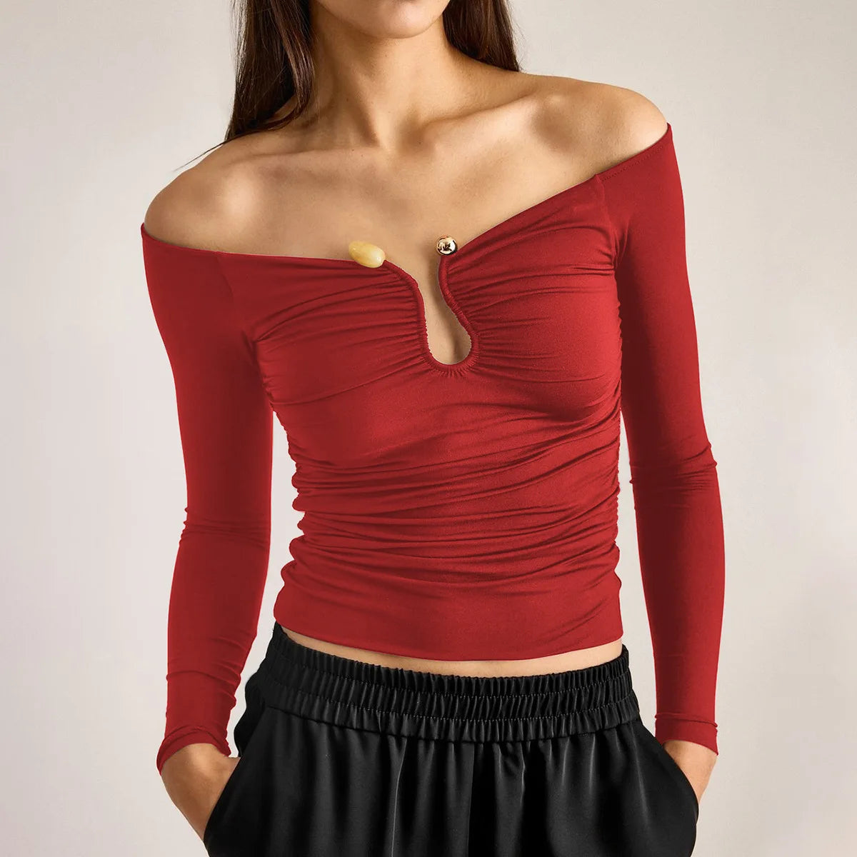 BornToGirl Sexy T Shirts Women Solid Slim Black Red Long Sleeve Slash Neck Top Female Party Nightclub Bodycon T-Shirt Tops Y2K