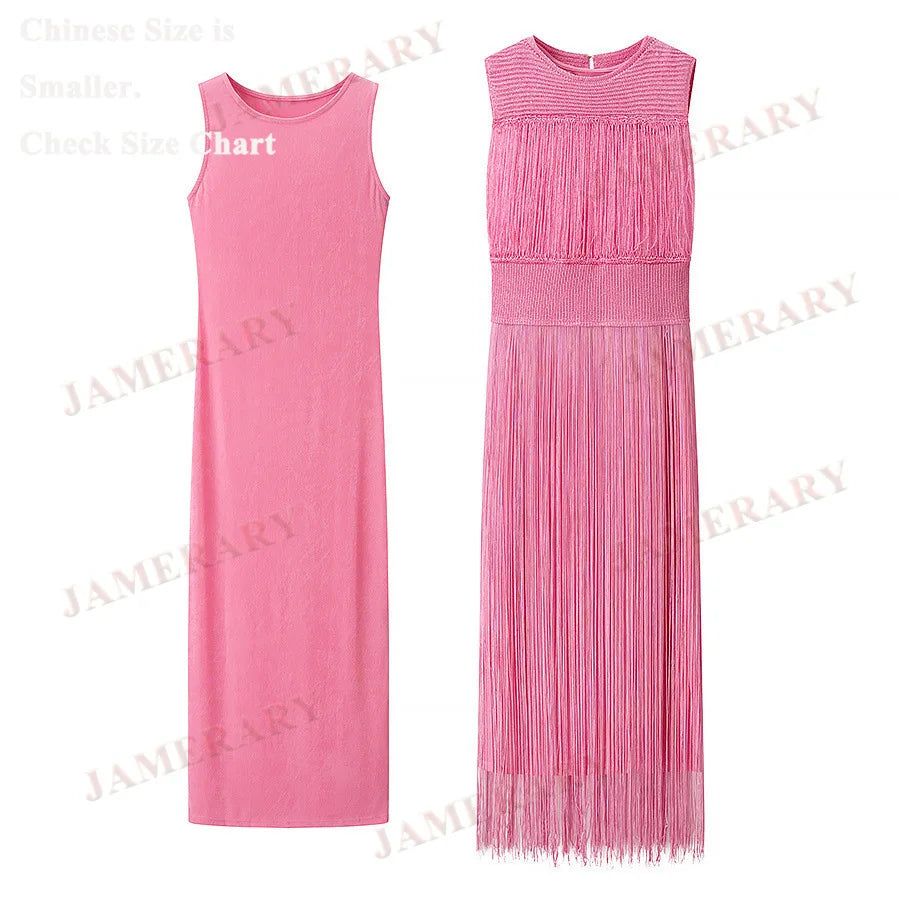 Summer Autumn Knitted Tassel Dress Two Piece Set Women Vintage Sleeveless Knitting Straight Midi Long Dresses