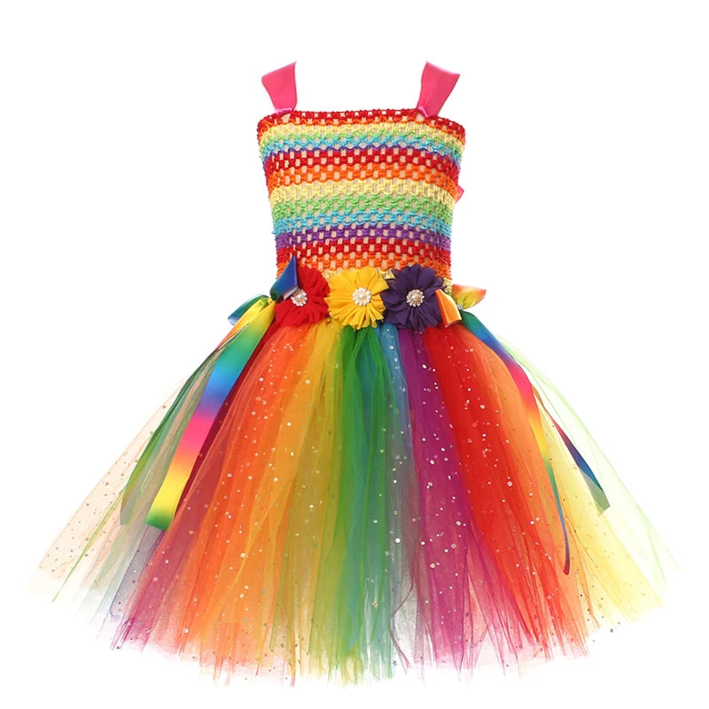 Rainbow Tutu Butterfly Fairy Dress for Girls Halloween Cosplay Elf Princess Birthday Party Dance Stage Play Performance Costume