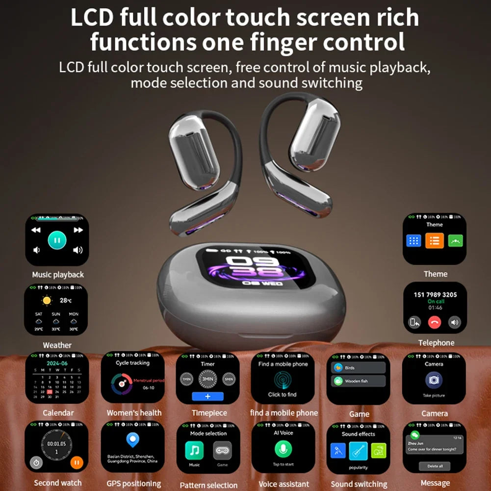 AI Translation Earphones Bluetooth-Compatible 5.4 Real Time Translator Waterproof Touch Screen Open Ear Headphones