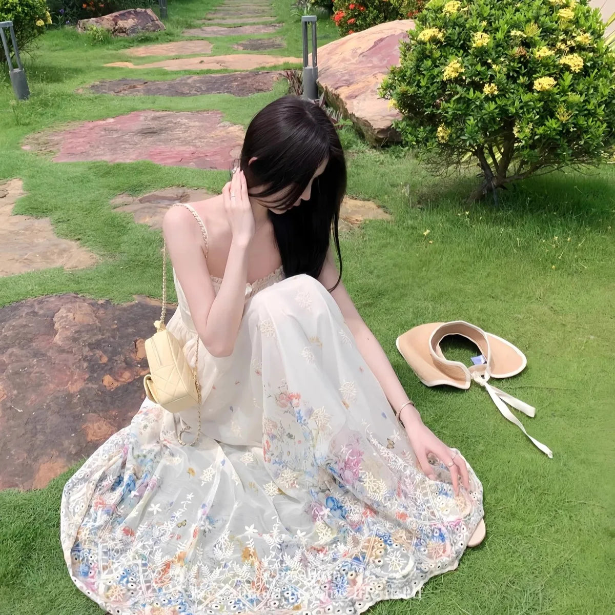Floral Print Slimming Summer French Long Dress Strapless Gown Vacation New Style Heavy Embellished Waist Cinched Floral Dress