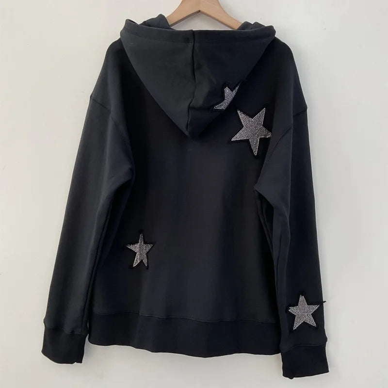 Black Zip Hooded Sweatshirt Stars Patch Embroidery Diamond Hoodies Women Long Sleeve Tops Zadig Female Hoodie Cotton Hooded