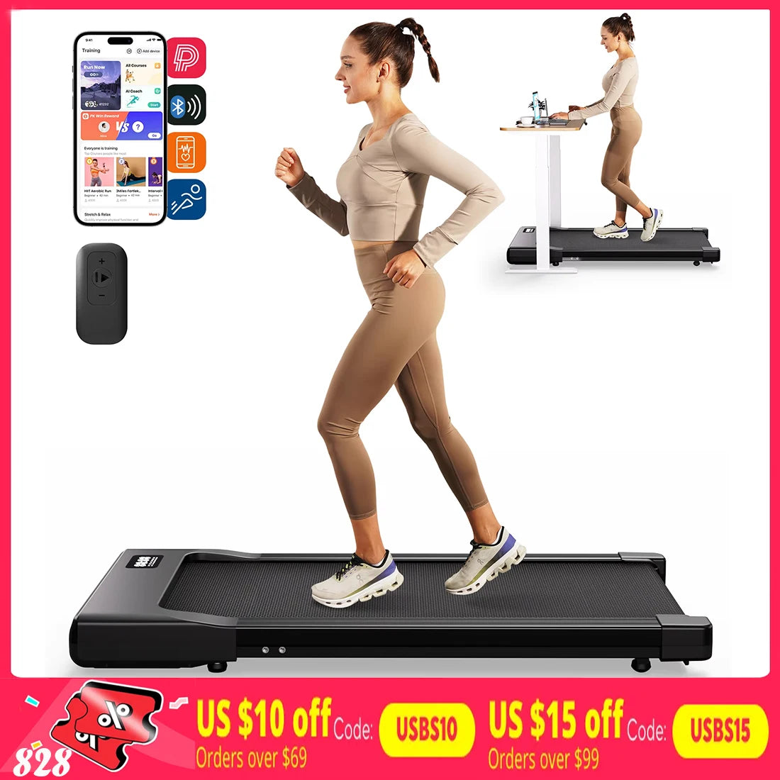 Walking Pad Under Desk Treadmill 2 in 1 Portable Treadmill with Remote Control LED Display 2.5HP Walkingpad for Home&Office
