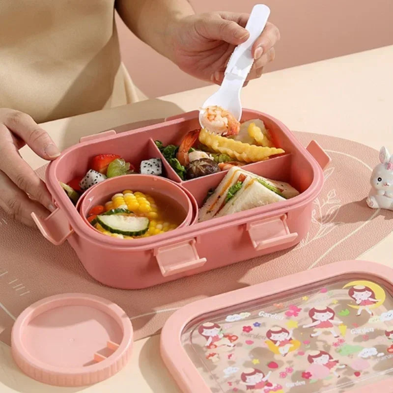 1000/1350ml Cartoon Lunch Box with Soup Bowl Bento Box Buckle Design Sealed and Leak-proof Portable Food Storage Container