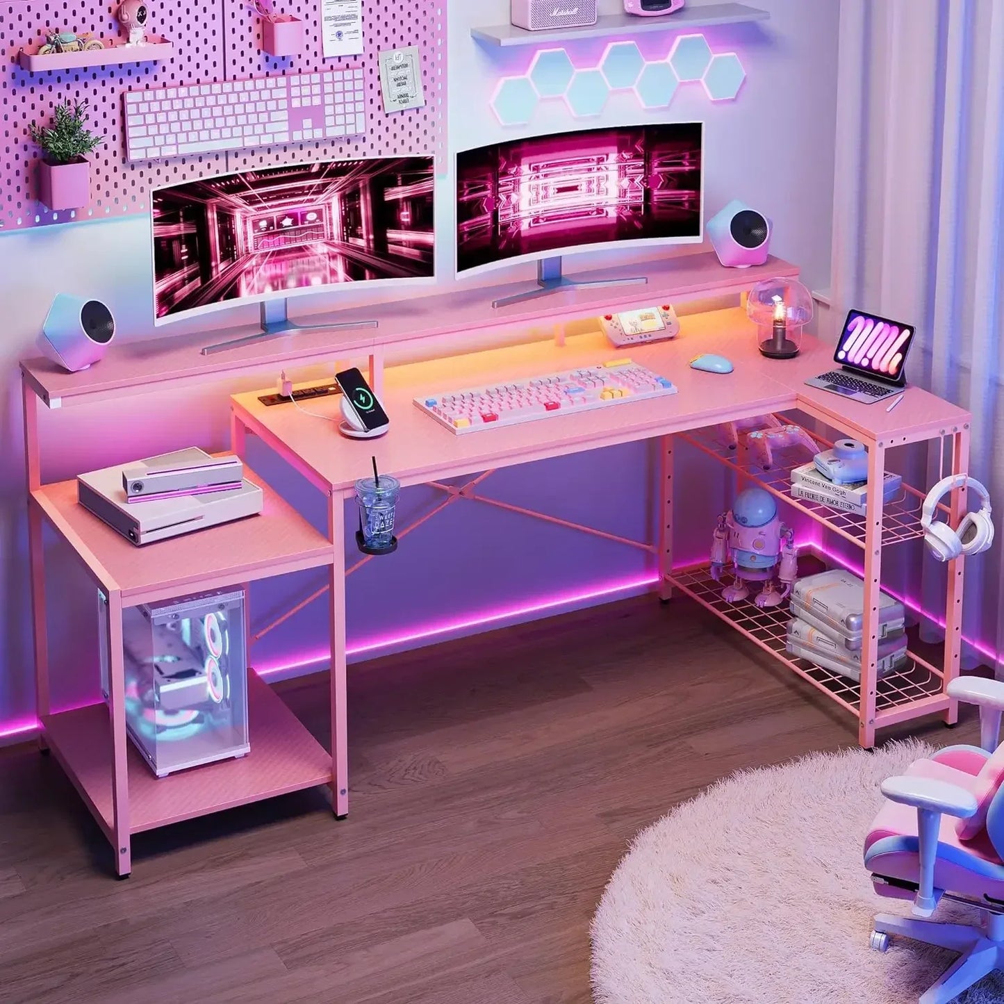 ✨ PowerPlay L-Shaped Gaming Desk – LED Lights, Monitor Stand & Cup Holder ✨
